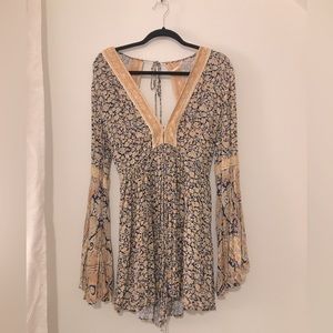 Free People romper, yellow and blue, long flowy sleeves, worn 1x
